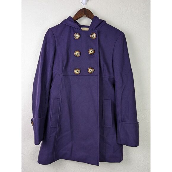 Michael Kors Womens Wool Overcoat Sz‎ 10 Purple Hooded Pea Coat Winter Jacket - Picture 1 of 13